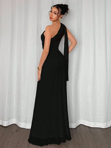 Asymmetrical Neck Bodycon Maxi Dress