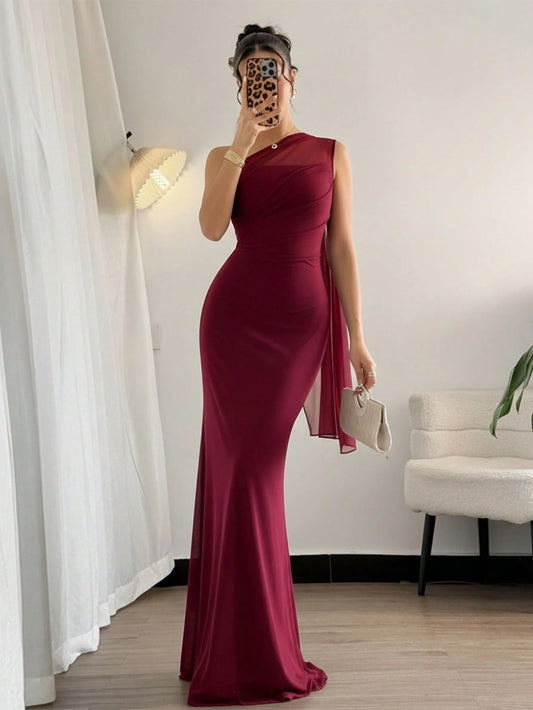 Asymmetrical Shoulder Bodycon Maxi Dress