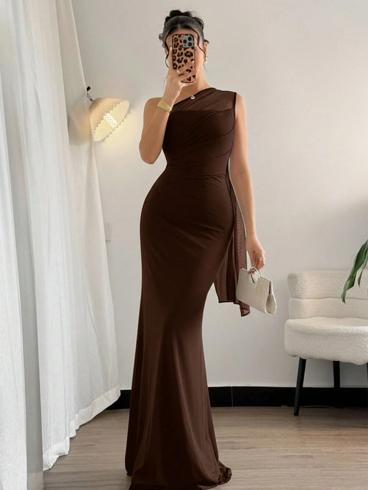 Asymmetrical Shoulder Bodycon Maxi Dress