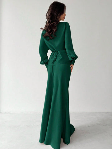 Women Elegant Solid Color Waist Strap Back Satin Glossy Wrap Tie Top