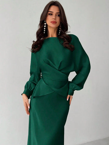 Women Elegant Solid Color Waist Strap Back Satin Glossy Wrap Tie Top