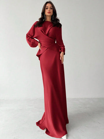 Women Elegant Solid Color Waist Strap Back Satin Glossy Wrap Tie Top