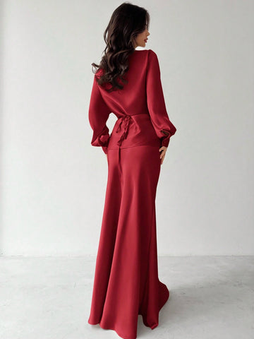 Women Elegant Solid Color Waist Strap Back Satin Glossy Wrap Tie Top