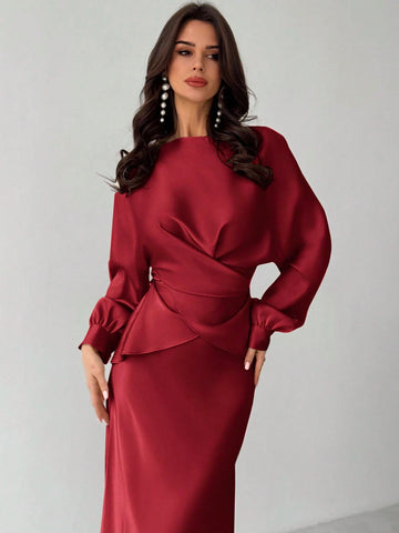 Women Elegant Solid Color Waist Strap Back Satin Glossy Wrap Tie Top