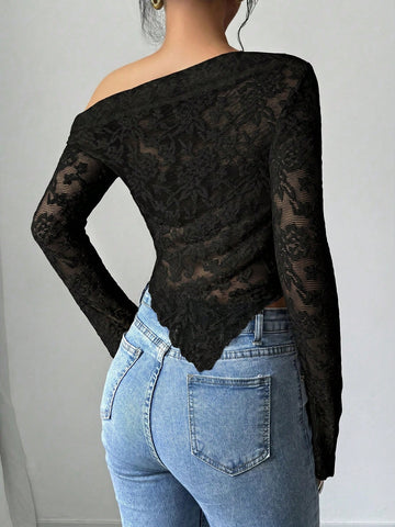 Women's Floral Print Asymmetric Shoulder Long Sleeve T-Shirt