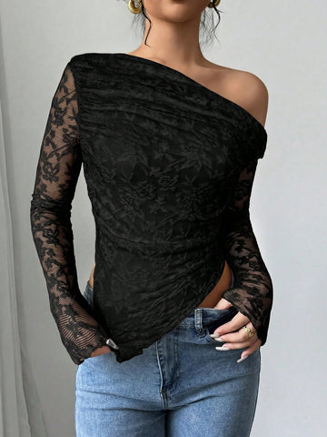 Women's Floral Print Asymmetric Shoulder Long Sleeve T-Shirt