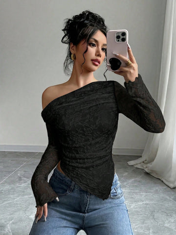 Women's Floral Print Asymmetric Shoulder Long Sleeve T-Shirt