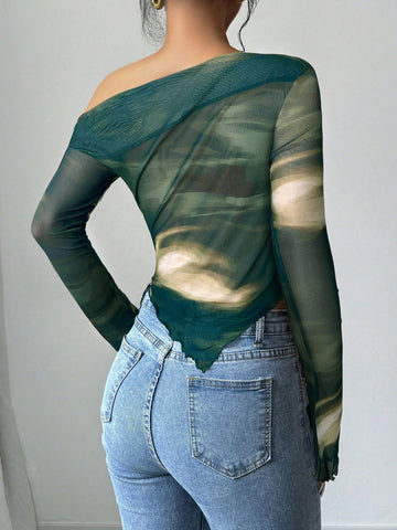 Women's Floral Print Asymmetric Shoulder Long Sleeve T-Shirt