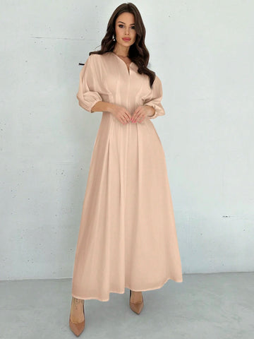 Firerie Elegant Cinched Waist V-Neck Lantern Sleeve Pleated A-Line Mid-Length Dress