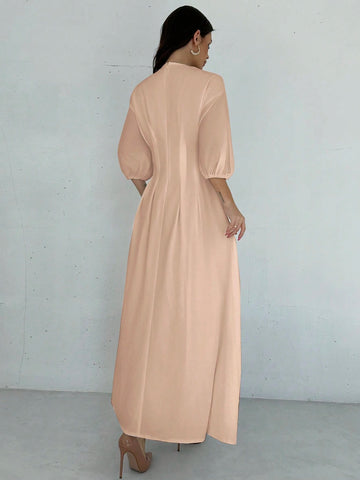 Firerie Elegant Cinched Waist V-Neck Lantern Sleeve Pleated A-Line Mid-Length Dress