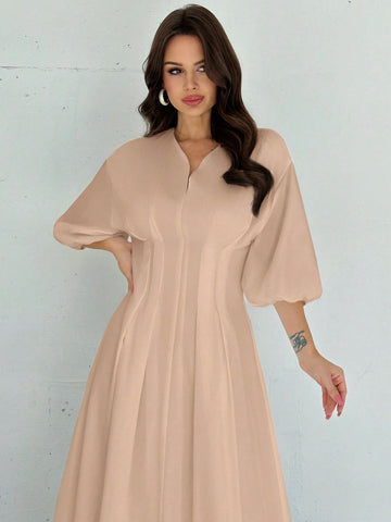 Firerie Elegant Cinched Waist V-Neck Lantern Sleeve Pleated A-Line Mid-Length Dress