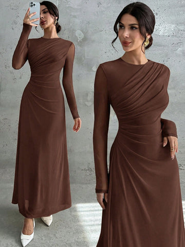 Women's Elegant Vintage Mesh Pleated A-Line Maxi Dress
