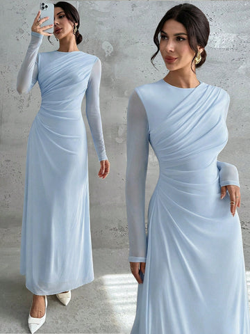 Women's Elegant Vintage Mesh Pleated A-Line Maxi Dress