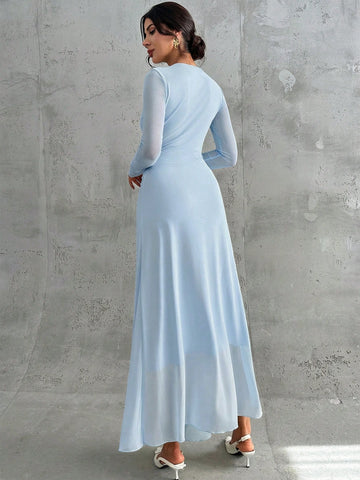 Women's Elegant Vintage Mesh Pleated A-Line Maxi Dress