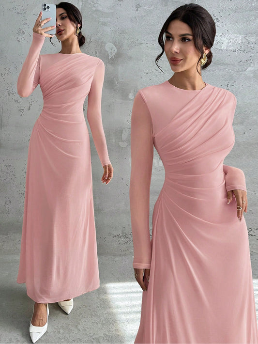 Women's Elegant Vintage Mesh Pleated A-Line Maxi Dress