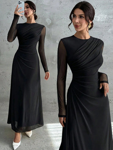 Women's Elegant Vintage Mesh Pleated A-Line Maxi Dress