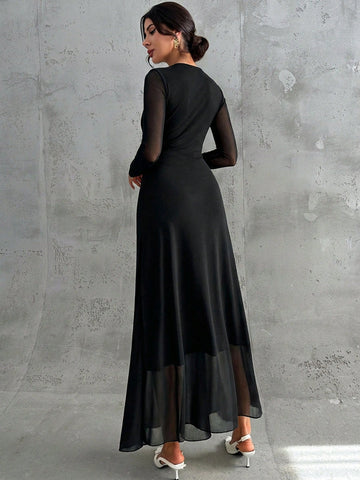 Women's Elegant Vintage Mesh Pleated A-Line Maxi Dress
