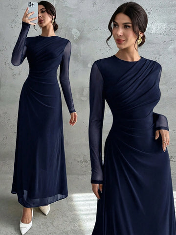 Women's Elegant Vintage Mesh Pleated A-Line Maxi Dress