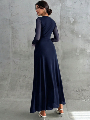 Women's Elegant Vintage Mesh Pleated A-Line Maxi Dress