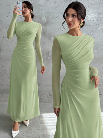 Women's Elegant Vintage Mesh Pleated A-Line Maxi Dress