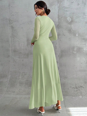 Women's Elegant Vintage Mesh Pleated A-Line Maxi Dress