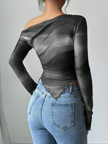 Women's Floral Print Asymmetric Shoulder Long Sleeve T-Shirt