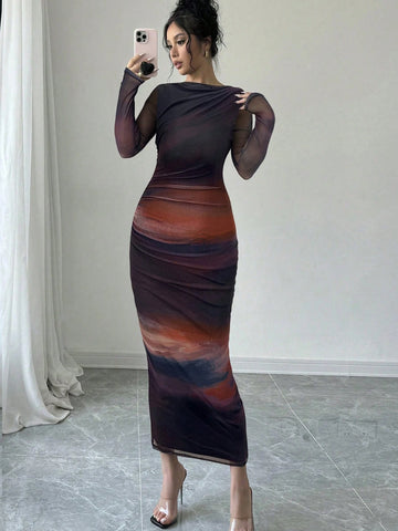 Women's Elegant Romantic Date Party Pink Tie-Dye Mesh Bodycon Dress