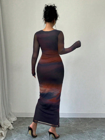 Women's Elegant Romantic Date Party Pink Tie-Dye Mesh Bodycon Dress