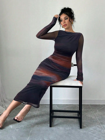 Women's Elegant Romantic Date Party Pink Tie-Dye Mesh Bodycon Dress