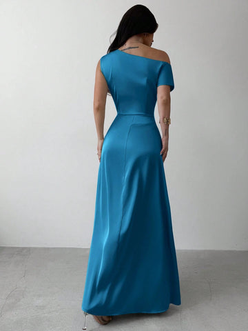 Elegant Asymmetric Shoulder Ruched Mermaid Hem Dress