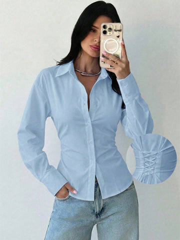 Women's White Long Sleeve Tie-Waist Shirt