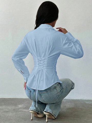 Women's White Long Sleeve Tie-Waist Shirt