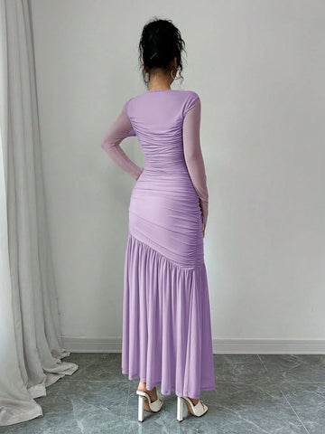 Women's Long Sleeve Round Neck Mesh Dress