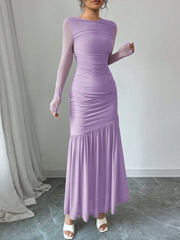 Women's Long Sleeve Round Neck Mesh Dress