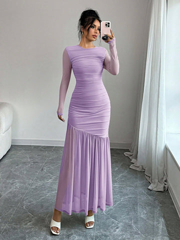 Women's Long Sleeve Round Neck Mesh Dress
