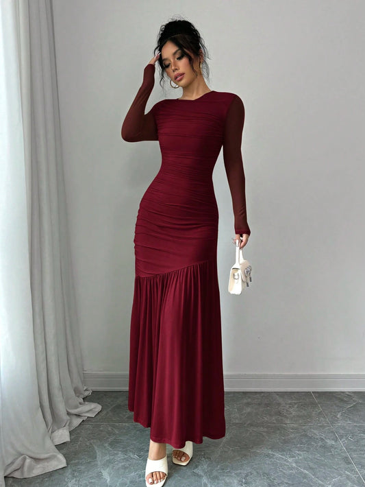 Women's Long Sleeve Round Neck Mesh Dress