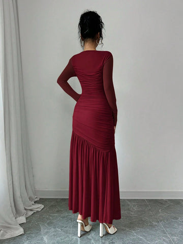 Women's Long Sleeve Round Neck Mesh Dress