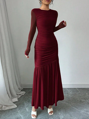 Women's Long Sleeve Round Neck Mesh Dress