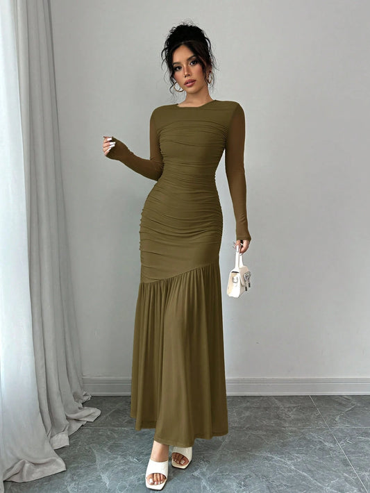 Women's Long Sleeve Round Neck Mesh Dress