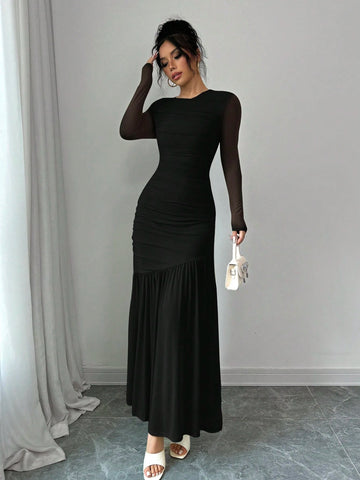 Women's Long Sleeve Round Neck Mesh Dress