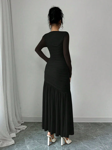 Women's Long Sleeve Round Neck Mesh Dress