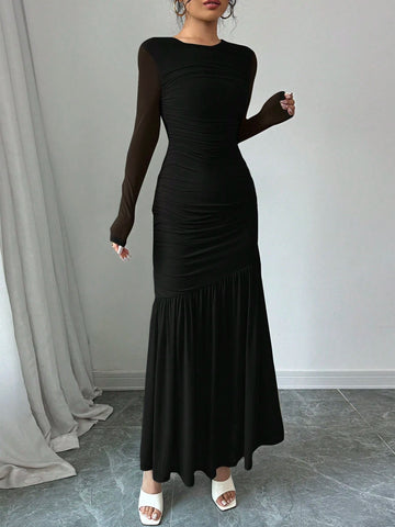 Women's Long Sleeve Round Neck Mesh Dress