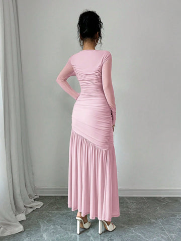 Women's Long Sleeve Round Neck Mesh Dress