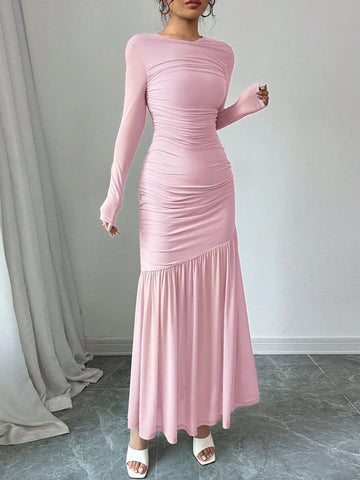 Women's Long Sleeve Round Neck Mesh Dress