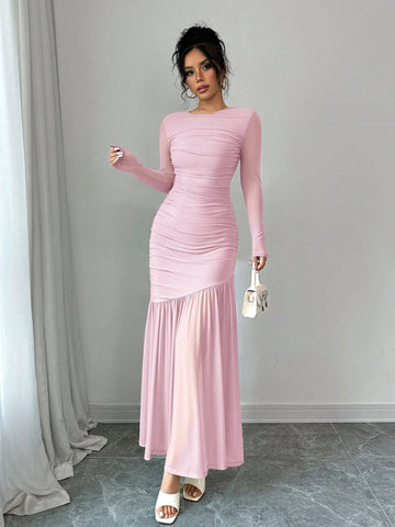Women's Long Sleeve Round Neck Mesh Dress