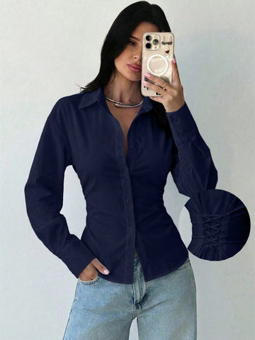 Women's White Long Sleeve Tie-Waist Shirt