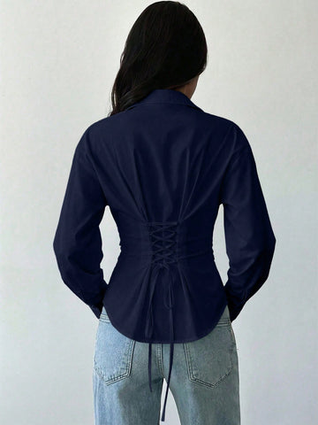 Women's White Long Sleeve Tie-Waist Shirt