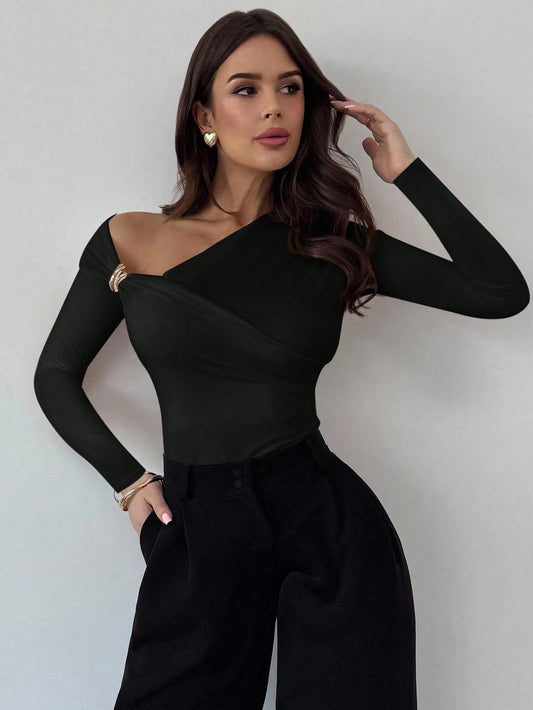 Asymmetric Shoulder Long Sleeve Wrap Ruched Waist Tight Fitting Slim T-Shirt