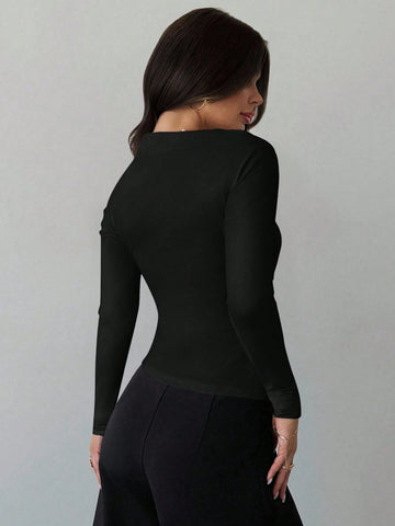 Asymmetric Shoulder Long Sleeve Wrap Ruched Waist Tight Fitting Slim T-Shirt