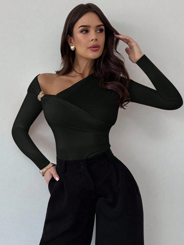 Asymmetric Shoulder Long Sleeve Wrap Ruched Waist Tight Fitting Slim T-Shirt